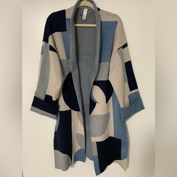 Marla Wynne Geometric Colorblocked Jacquard Topper Cardigan Sea Mist Size XL - Picture 1 of 8